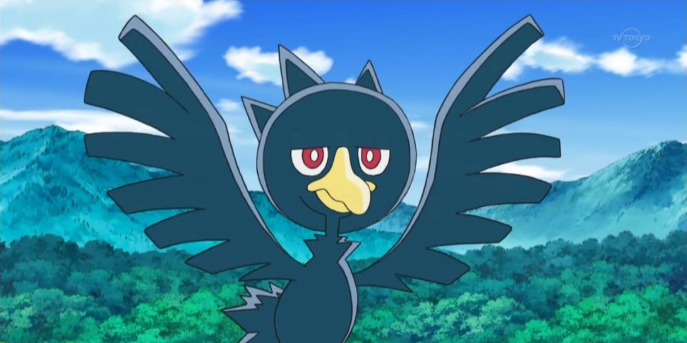pokemon murkrow flying above forest with mountains and clouds behind it