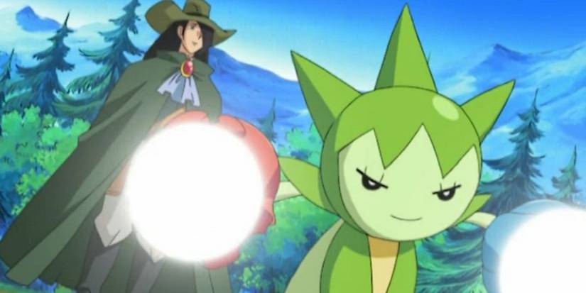 pokemon roselia with mysterious stranger and forest in background