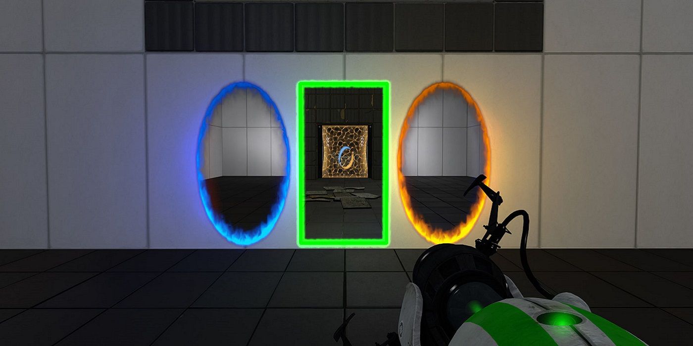 Screenshot showing Portal Reloaded mod with the third green portal.