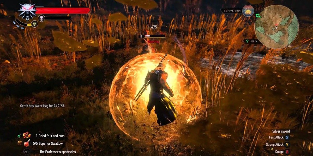 Geralt in orange shield bubble.