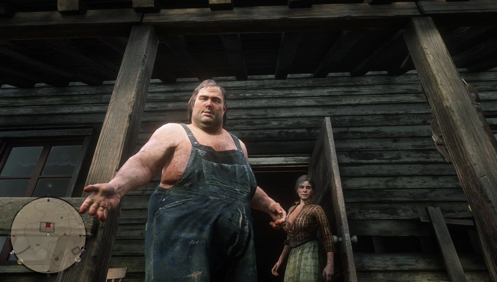 A large man in overalls beckons you inside along with a petite woman standing in the doorway.