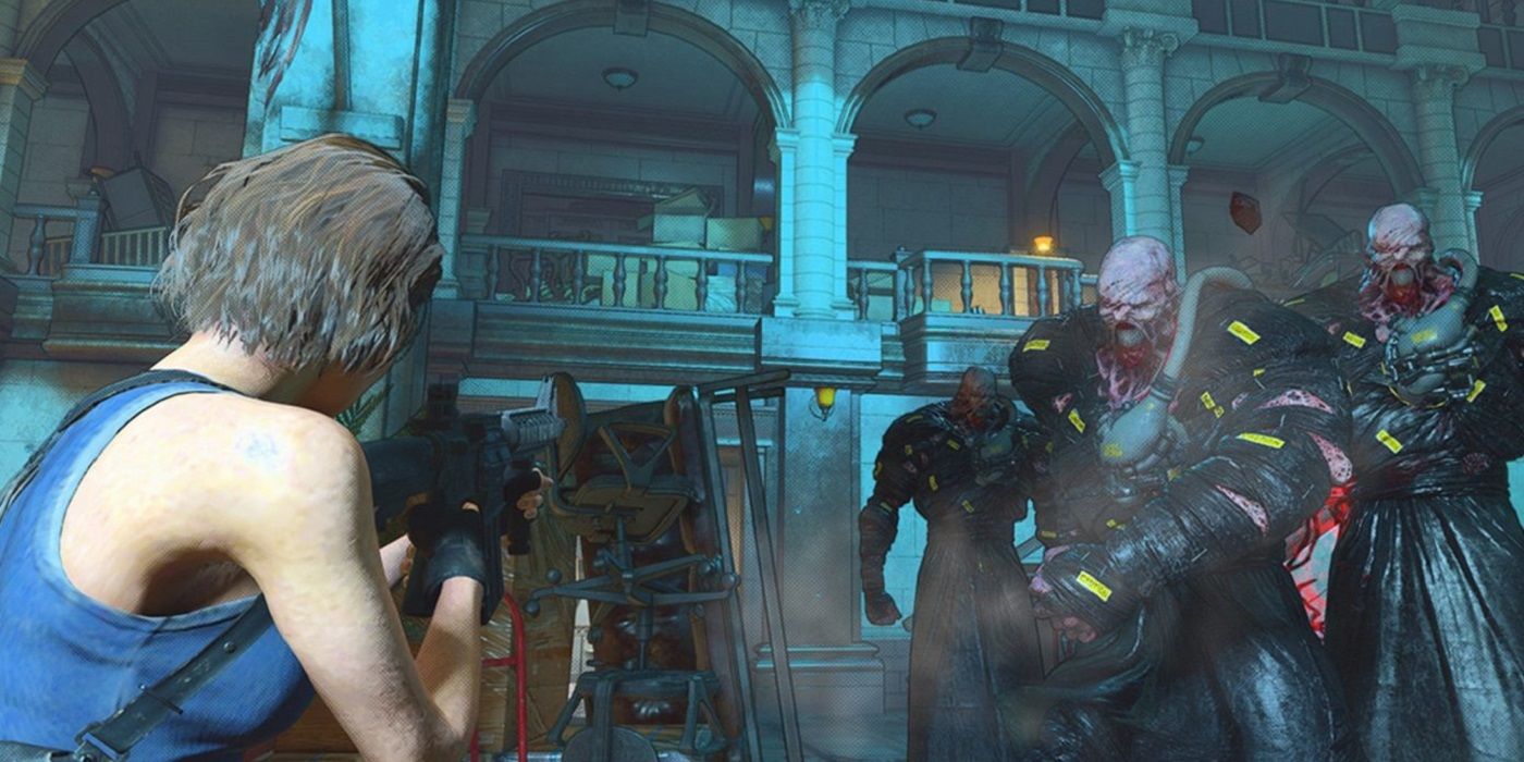resident evil re:verse player aiming rifle at mutant zombies in palace