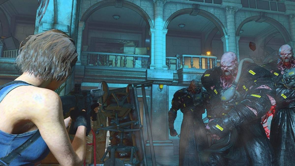 resident evil re:verse player aiming rifle at mutant zombies in palace