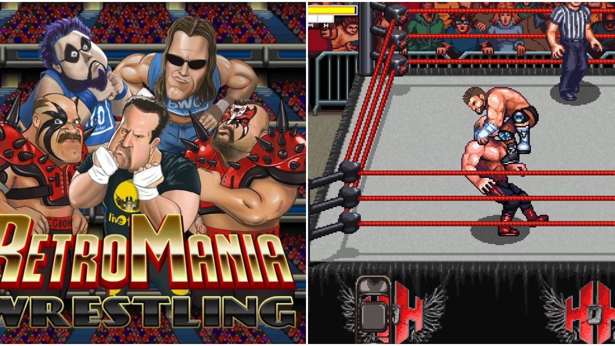 (Left) Retromania Wrestling title image with numerous wrestlers (Right) Finisher being performed
