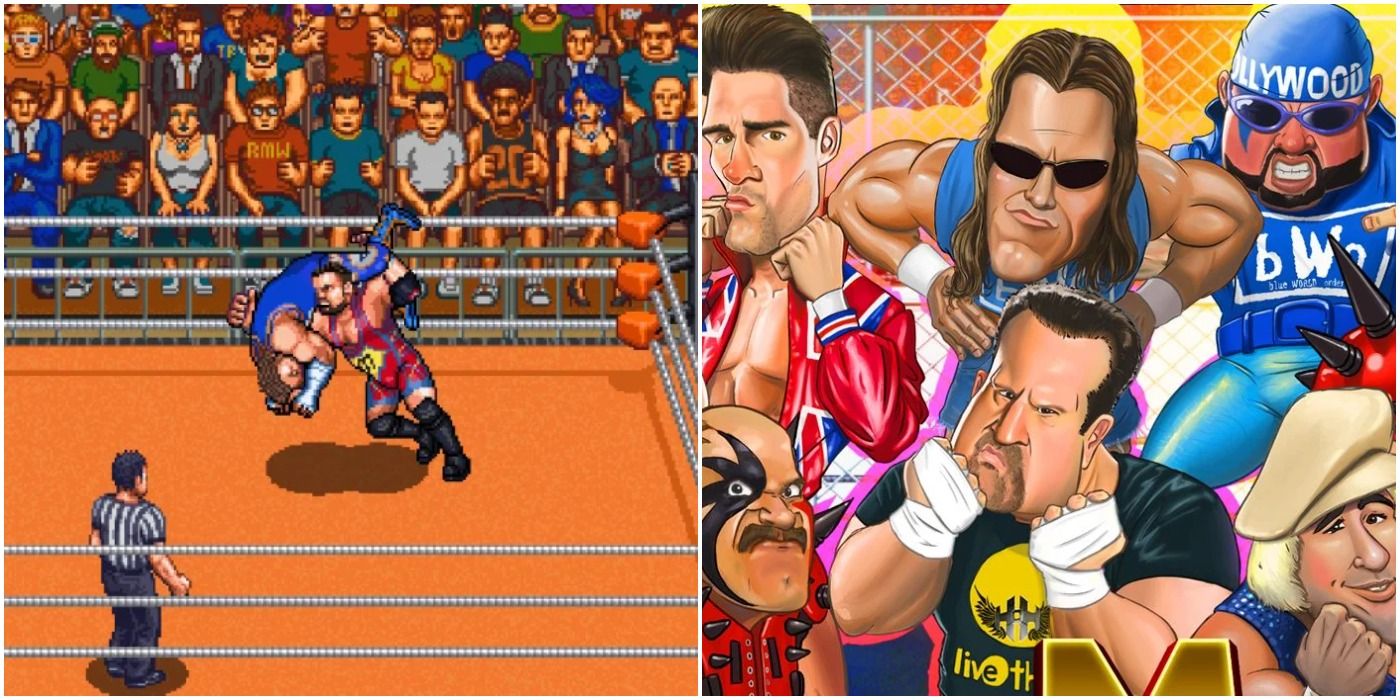 (Left) Fighting gameplay (Right) RetroMania Wrestling promotional art of roster members