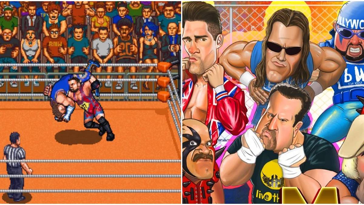 (Left) Fighting gameplay (Right) RetroMania Wrestling promotional art of roster members