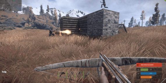 Screenshot from Rust showing a player with a crossbow as another player jumps on a roof.