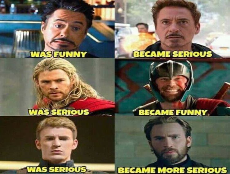 Iron Man was funny but became serious. Thor was serious but became funny. Captain America was serious but became more serious.