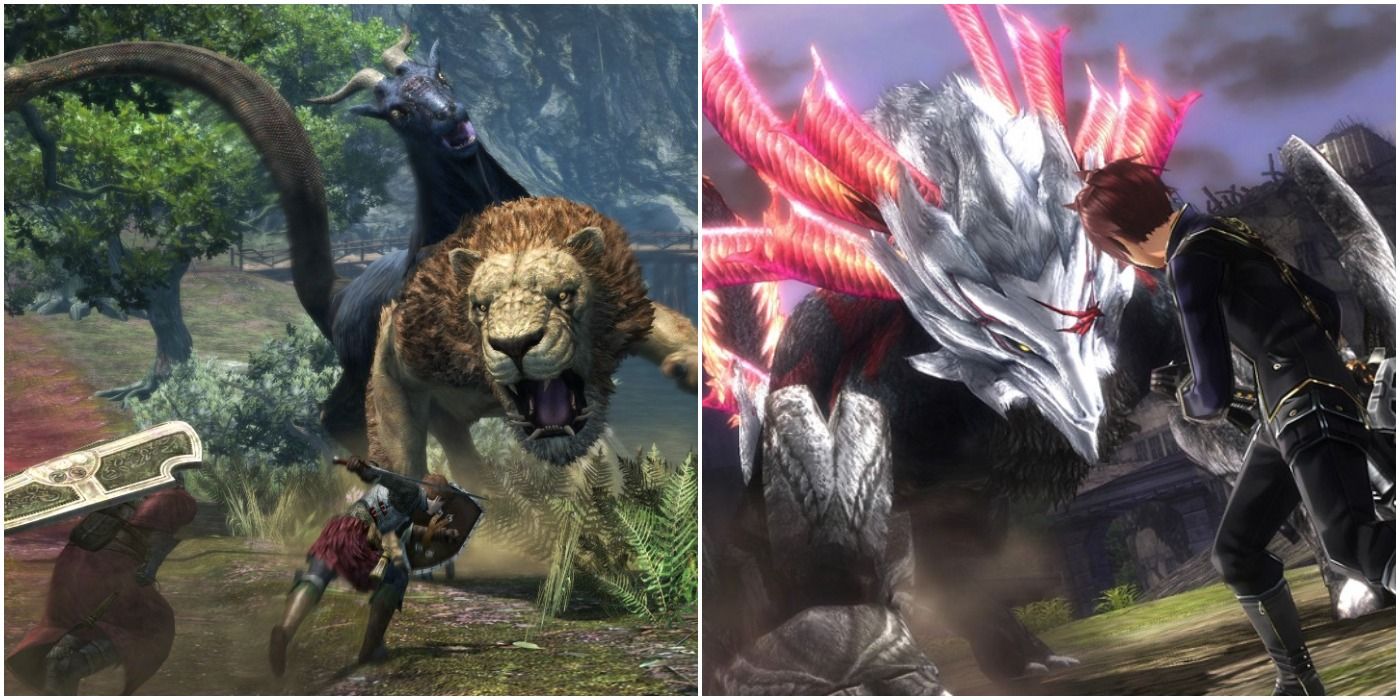 (Left) Fightng an enemy in Dragon’s Dogma (Right) Fighting an enemy in God Eater Resurrection