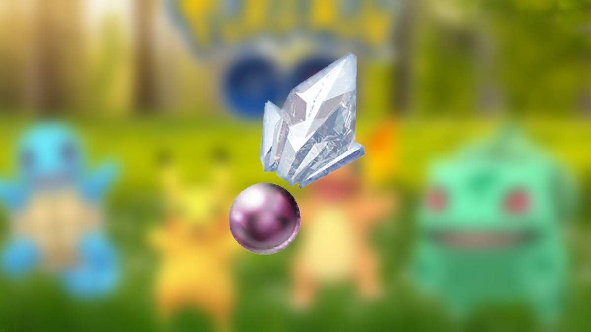 pokemon go sinnoh stone on background of squirtle pikachu charmander and bulbasaur in a grassy field