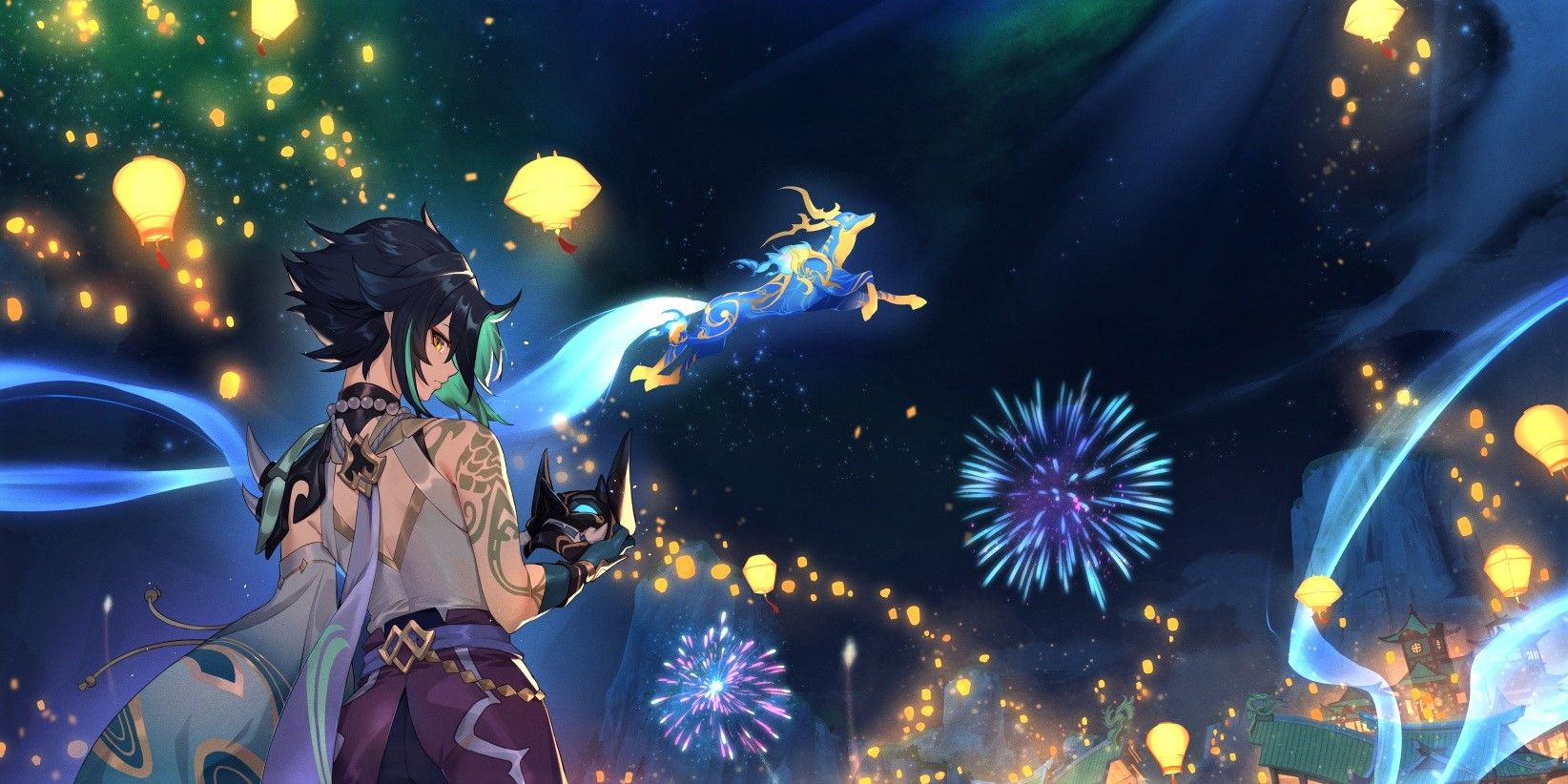 Genshin Impact Official Artwork Skybracer Xiao Lantern Rite Fireworks