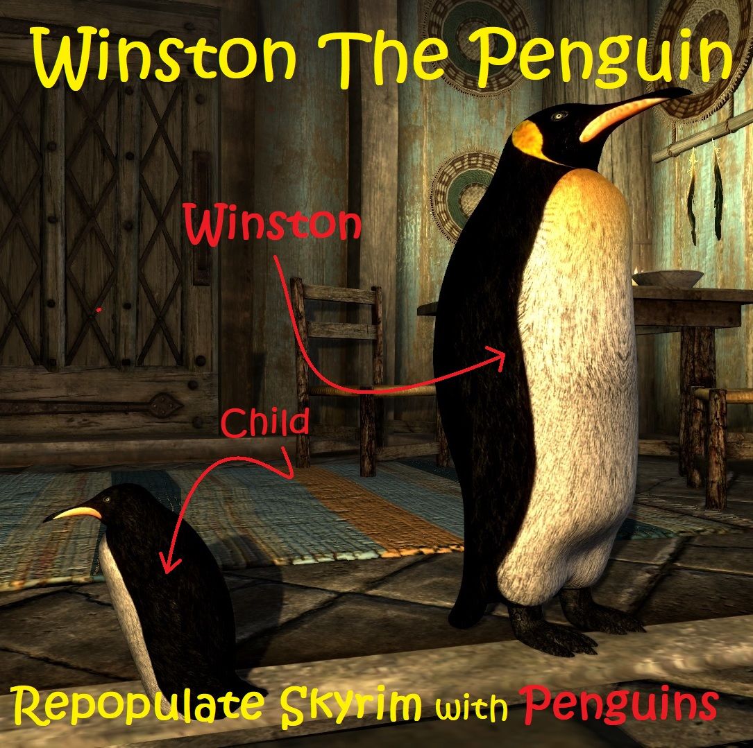 Screenshot from Skyrim showing Winston the penguin and his son in Breezehome, Whiterun.