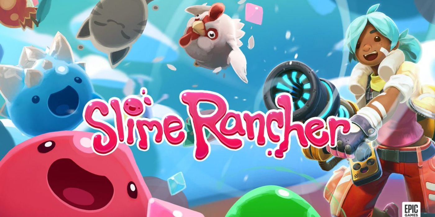 Slime Rancher protagonist using a vacuum to suck up happy colorful slime creatures