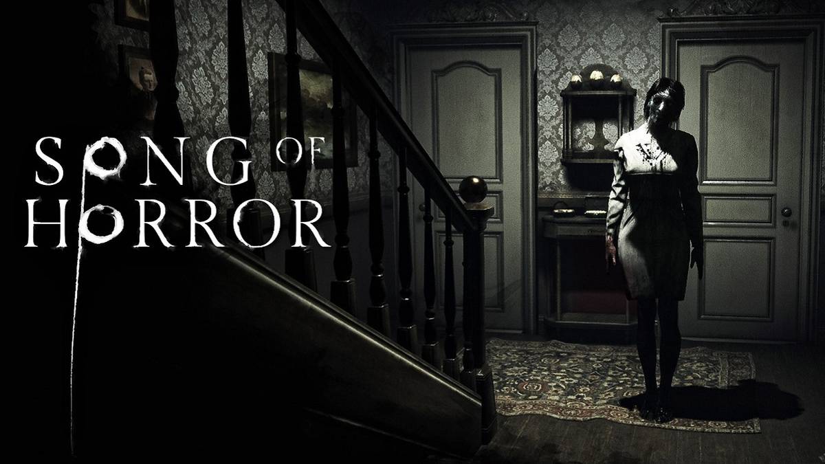 Title screen for Song of Horror with creepy woman in the background.