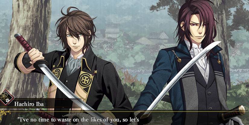 Anime men drawing swords.