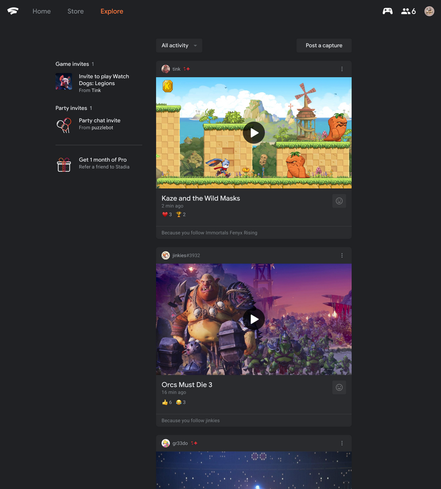 image of activity feed for google stadia, squares of videos