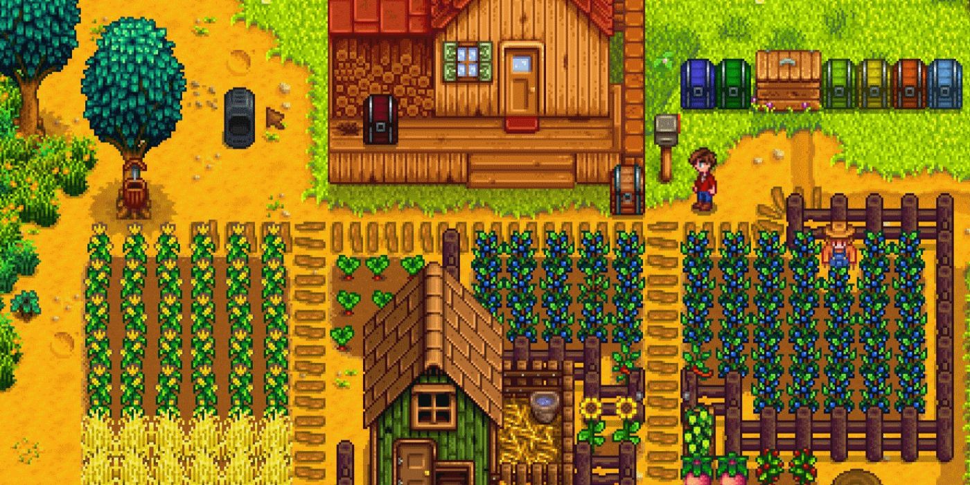 stardew organized farm under house above chicken coop with grass and trees to the left
