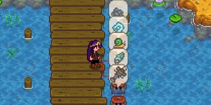 Filled Crab Pots off a dock in Stardew Valley