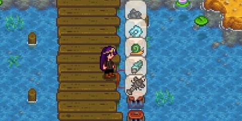 Filled Crab Pots off a dock in Stardew Valley