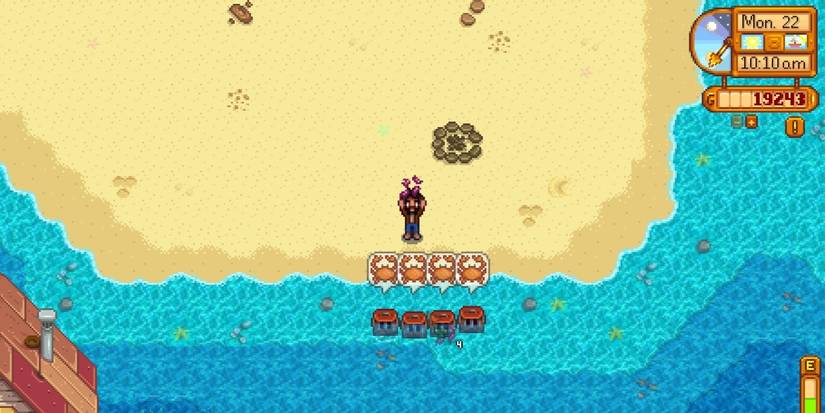 Filled Crab Pots sitting in the ocean in Stardew Valley