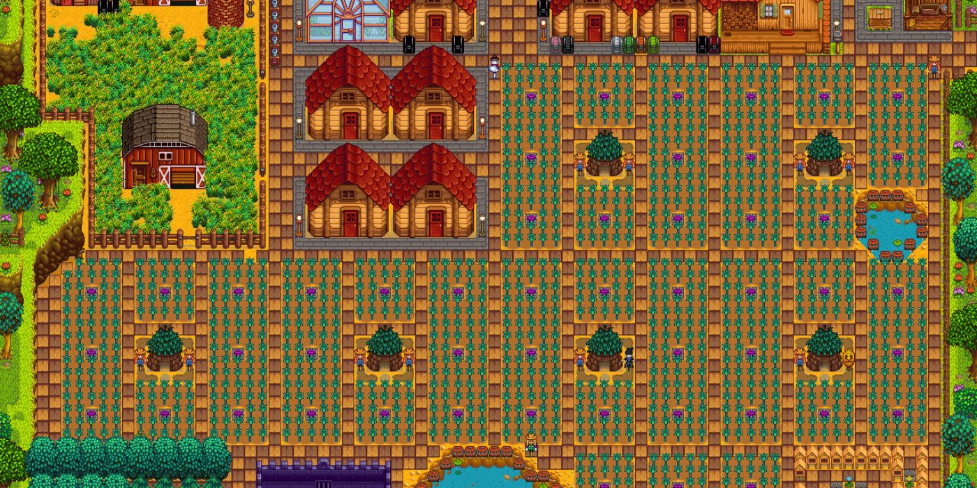 stardew starfruit farm with lots of shacks and huts