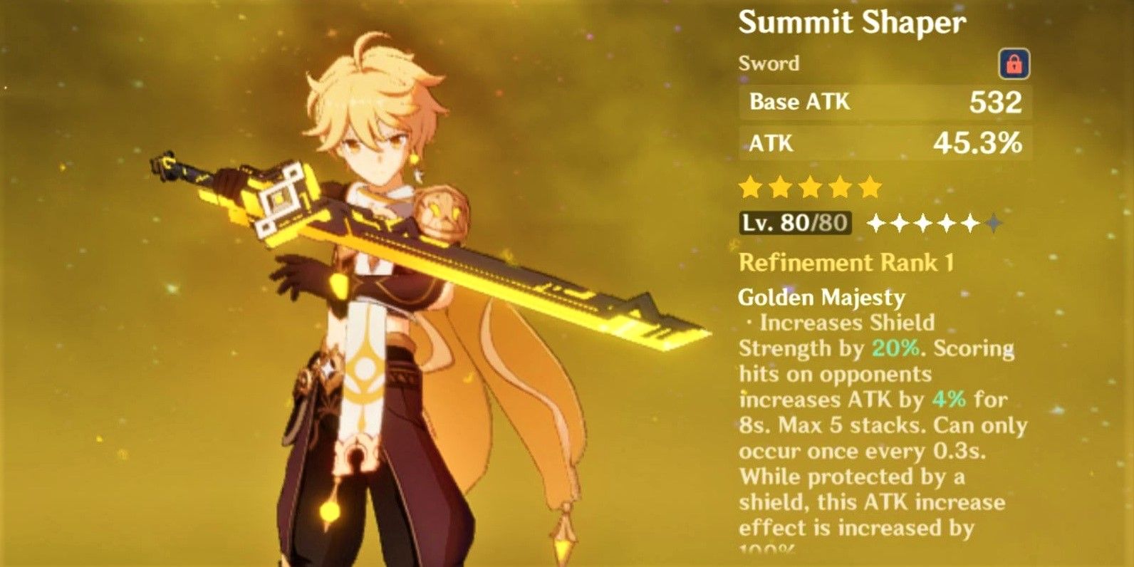 Genshin Impact Summit Shaper Sword Yellow Male Traveler Description