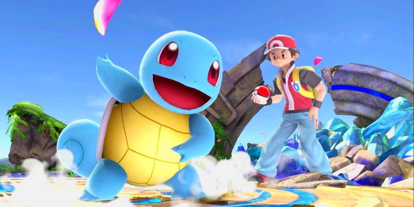 squirtle looking happy next to the pokemon trainer.