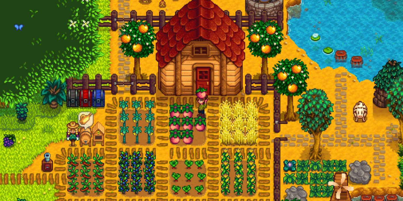 stardew valley multi crop farm with organize squares for crops under shed next to pond