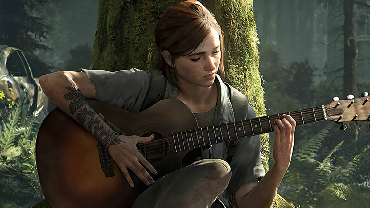 Screenshot from The Last of Us 2 showing Ellie playing guitar in the woods.