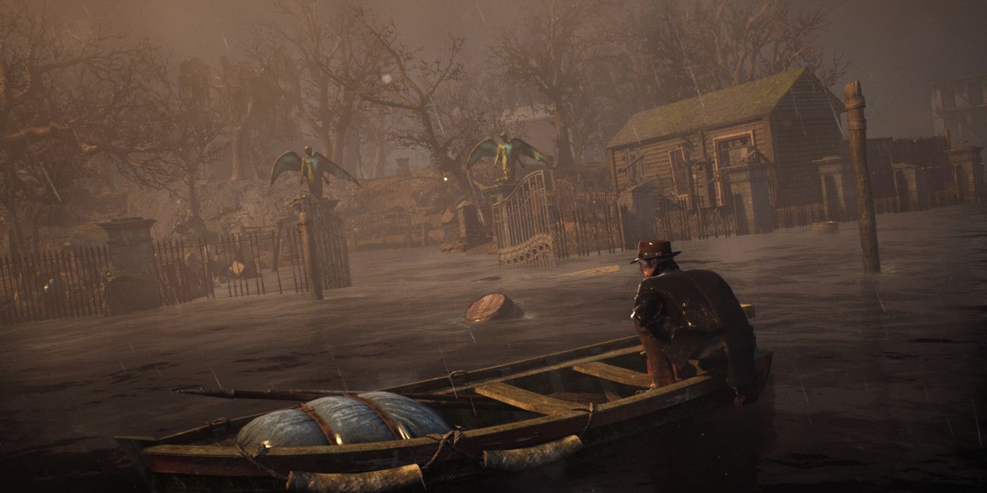 the-sinking-city-protagonist-on-boat-outside-cemetary