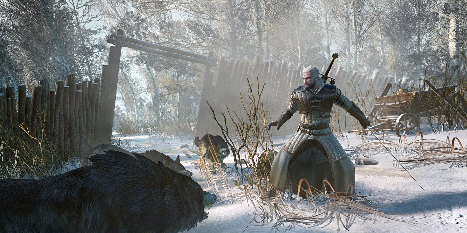 Geralt facing wolves in the snow.