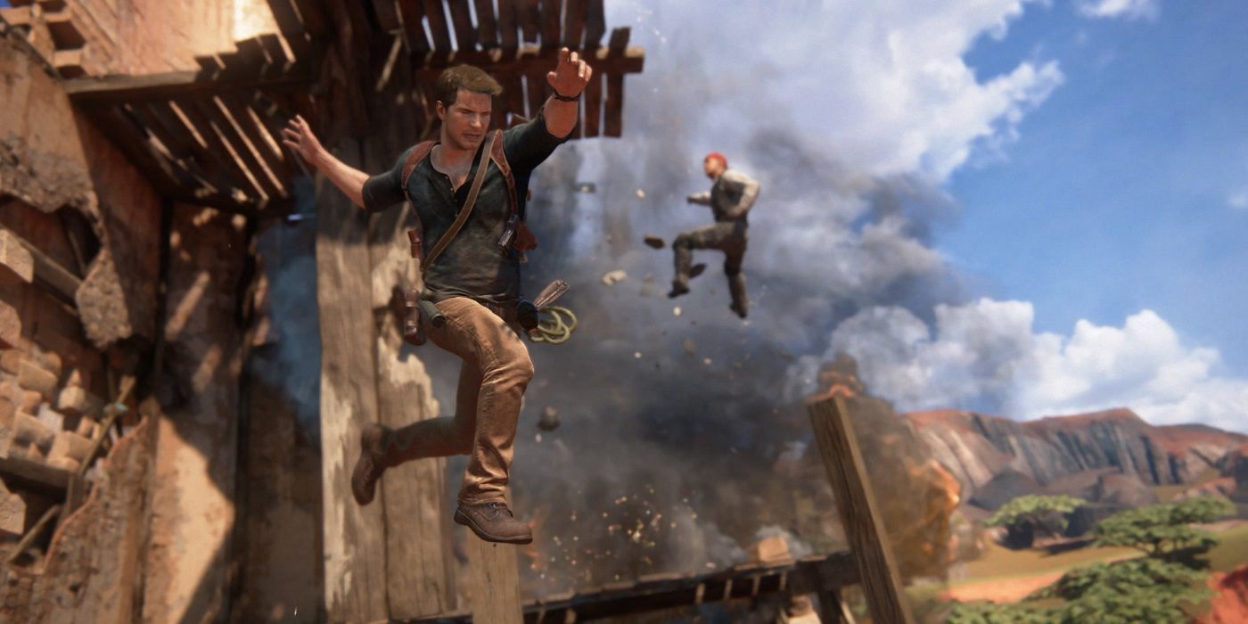 Screenshot from Uncharted 4 showing Nathan Drake leaping off a cliff.