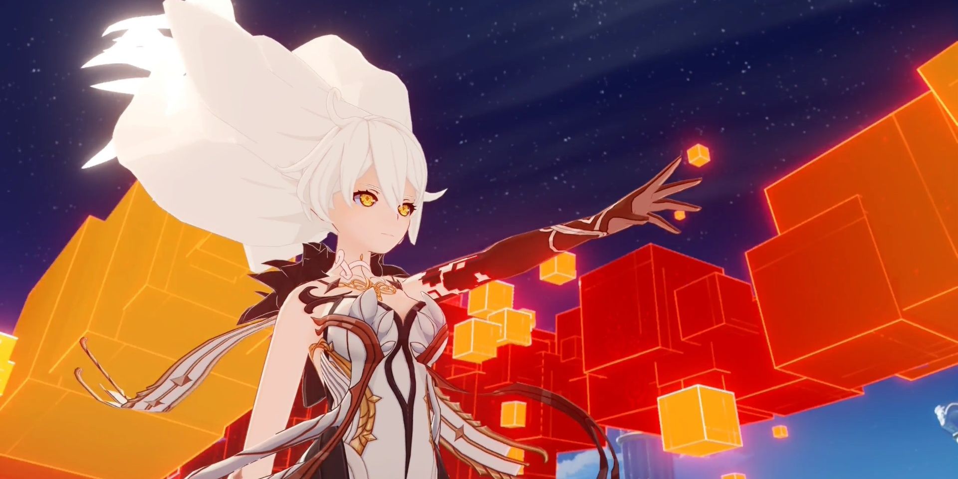Genshin Impact Unknown Goddess Cube Attack Red Orange White Hair