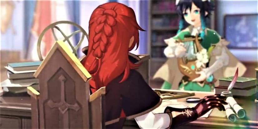 Genshin Impact Office Venti Bard Vennessa Red Hair Desk