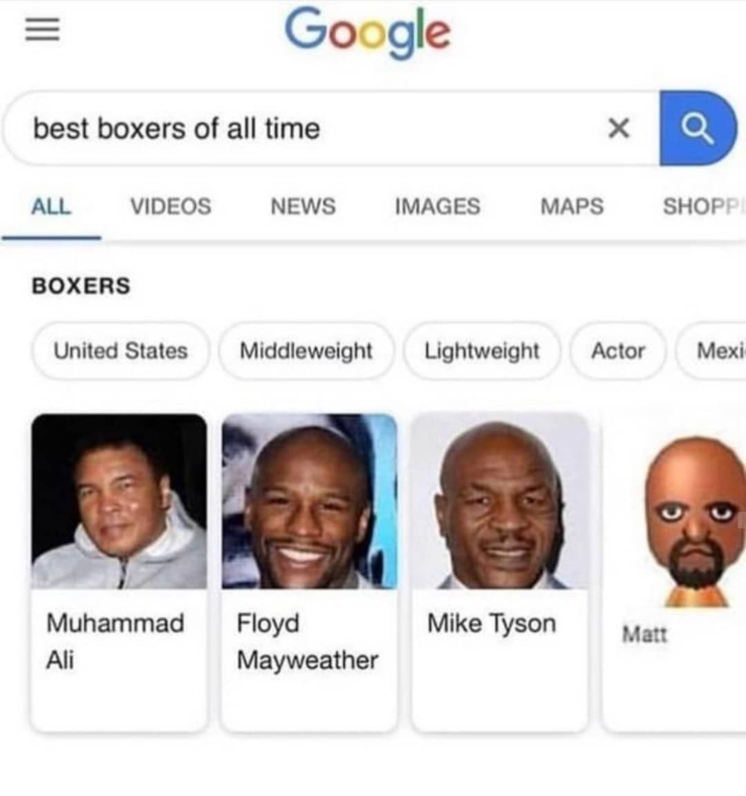 famous boxers and the Mii Matt from Wii sports.