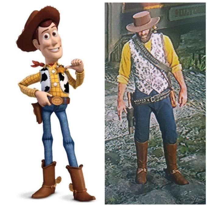 meme comparing the protagonist of red dead 2 to woody from toy story.