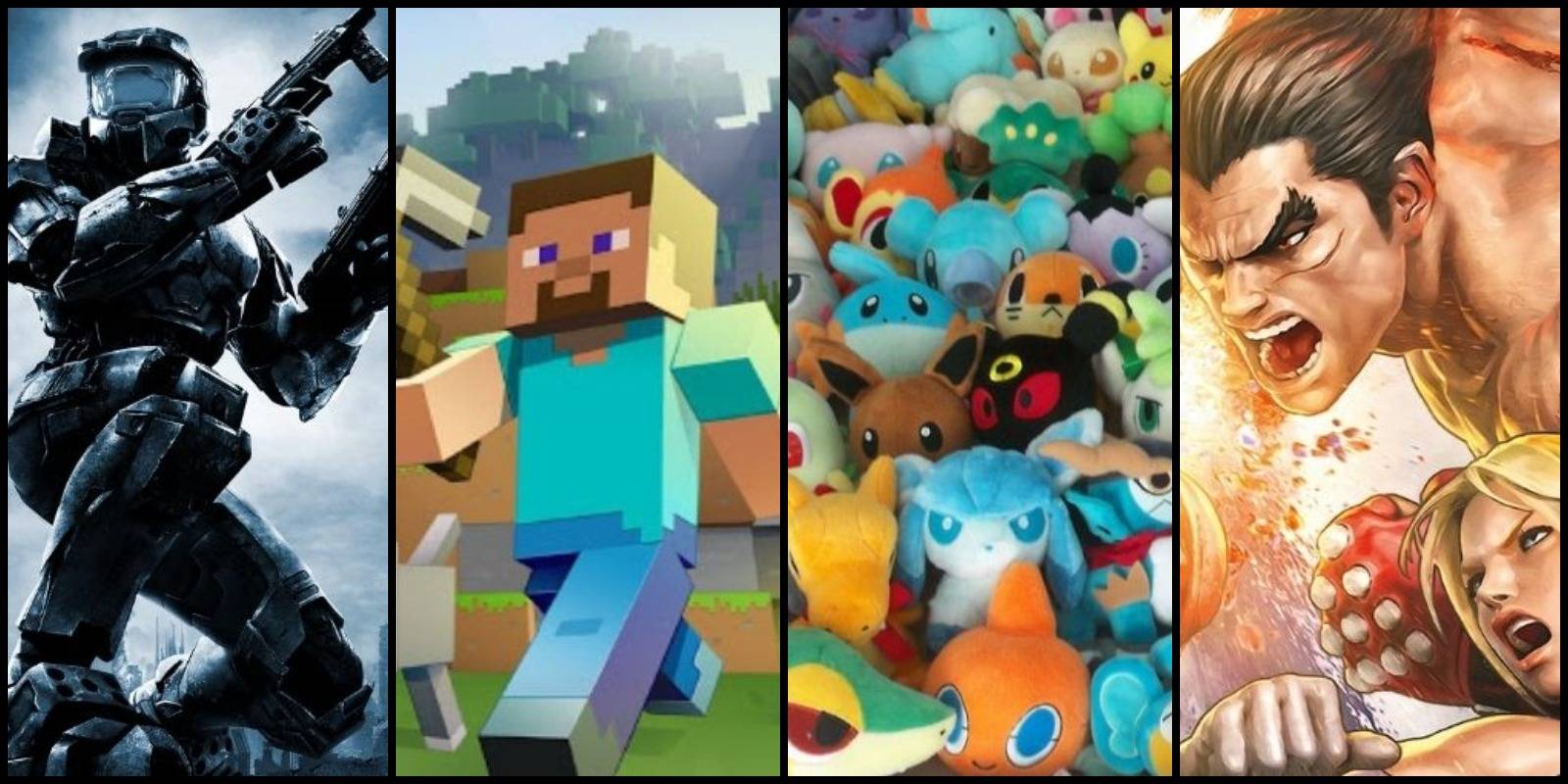 Left to right: Halo poster, Minecraft poster, Pokemon plushes, Tekken poster