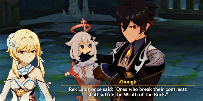 genshin impact zhongli suit female traveler paimon domain dialogue wrath of the rock