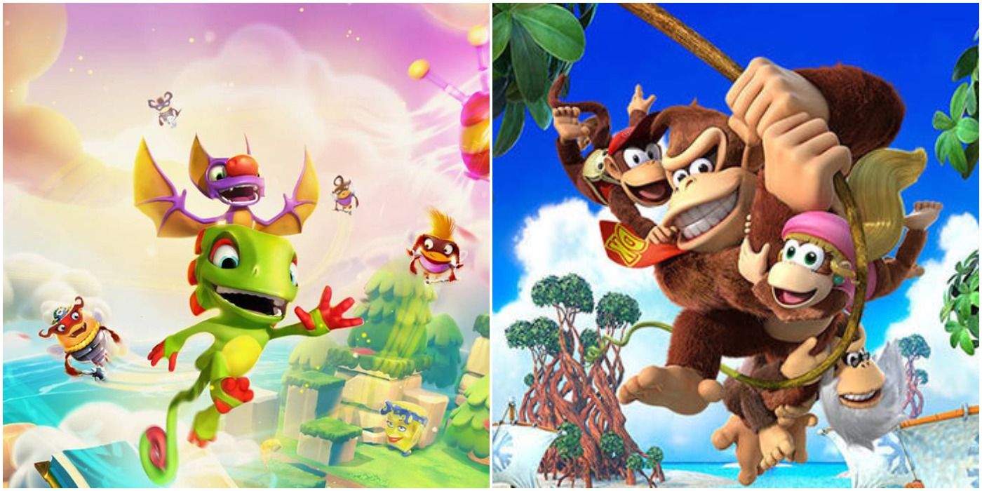 (Left) Yooka and Laylee in the air (Right) Donkey Kong and others swinging on a rope