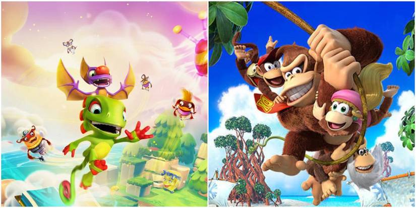 (Left) Yooka and Laylee in the air (Right) Donkey Kong and others swinging on a rope