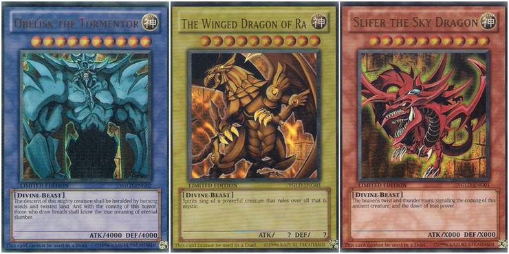 yugioh! obelisk the tormentor, the winged dragon of ra, and slifer the sky dragon.