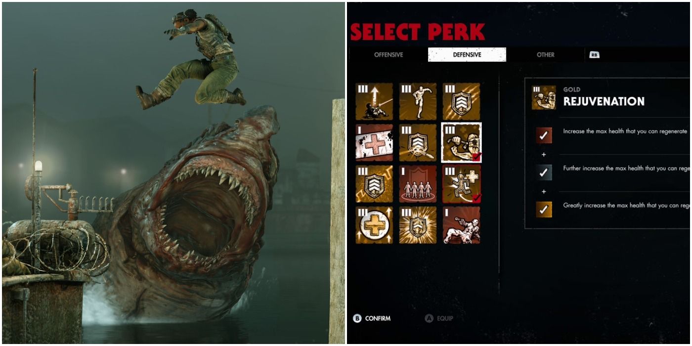 (Left) Character literally jumping the shark (Right) Perks menu