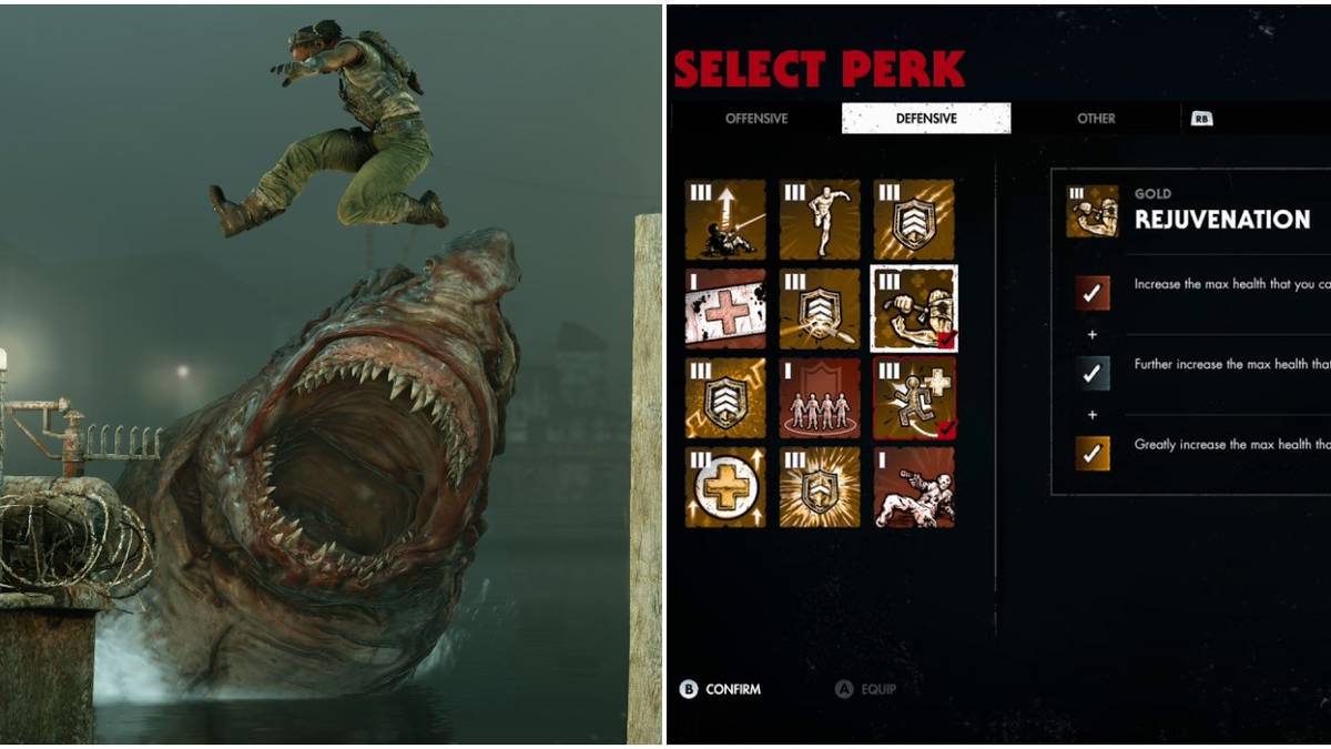(Left) Character literally jumping the shark (Right) Perks menu