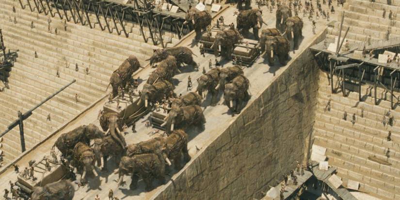 10000 bc's mammoths on a pyramid