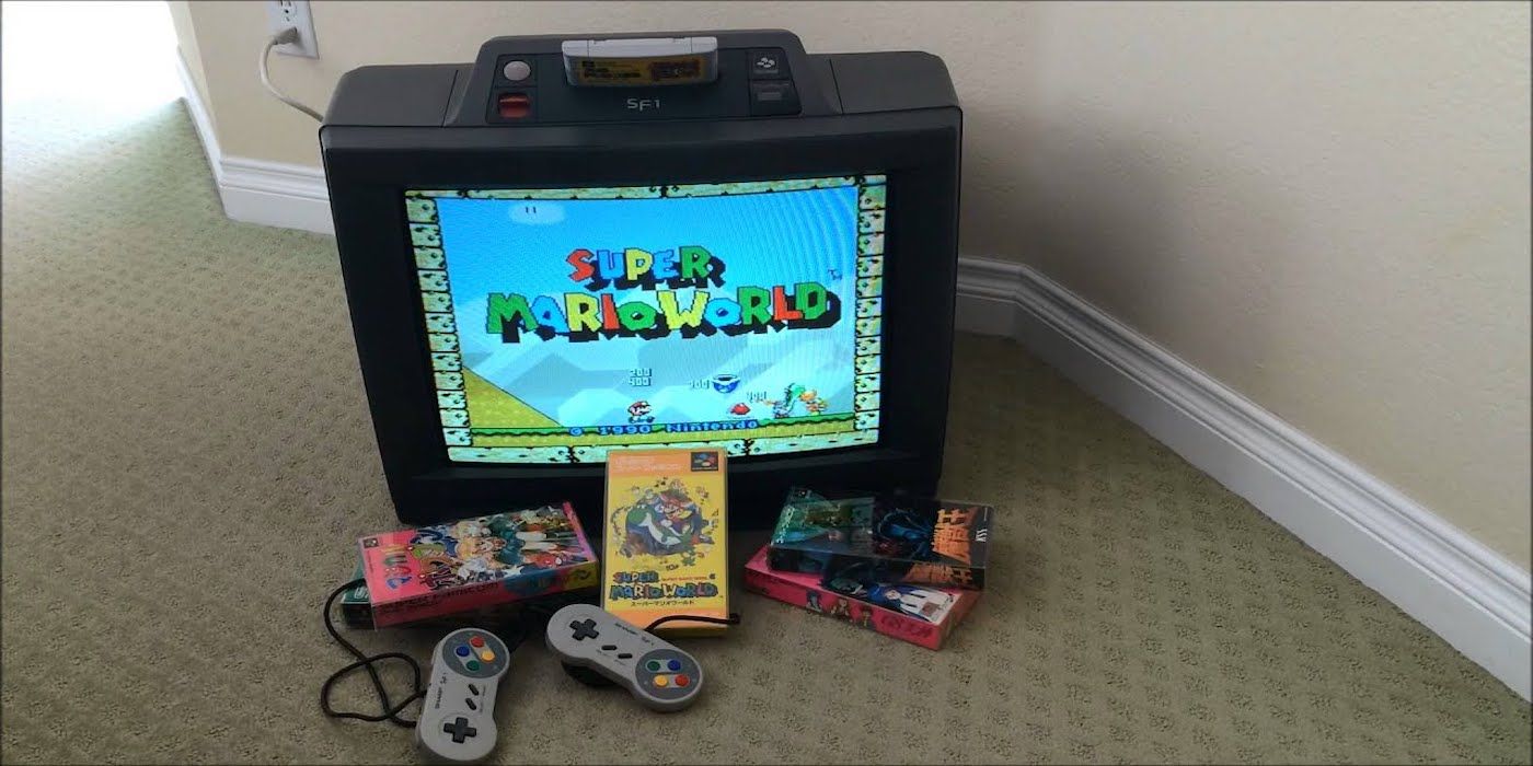 The Super Famicom Naizou TV SF1 laying Super Mario World console/tv hybrid
