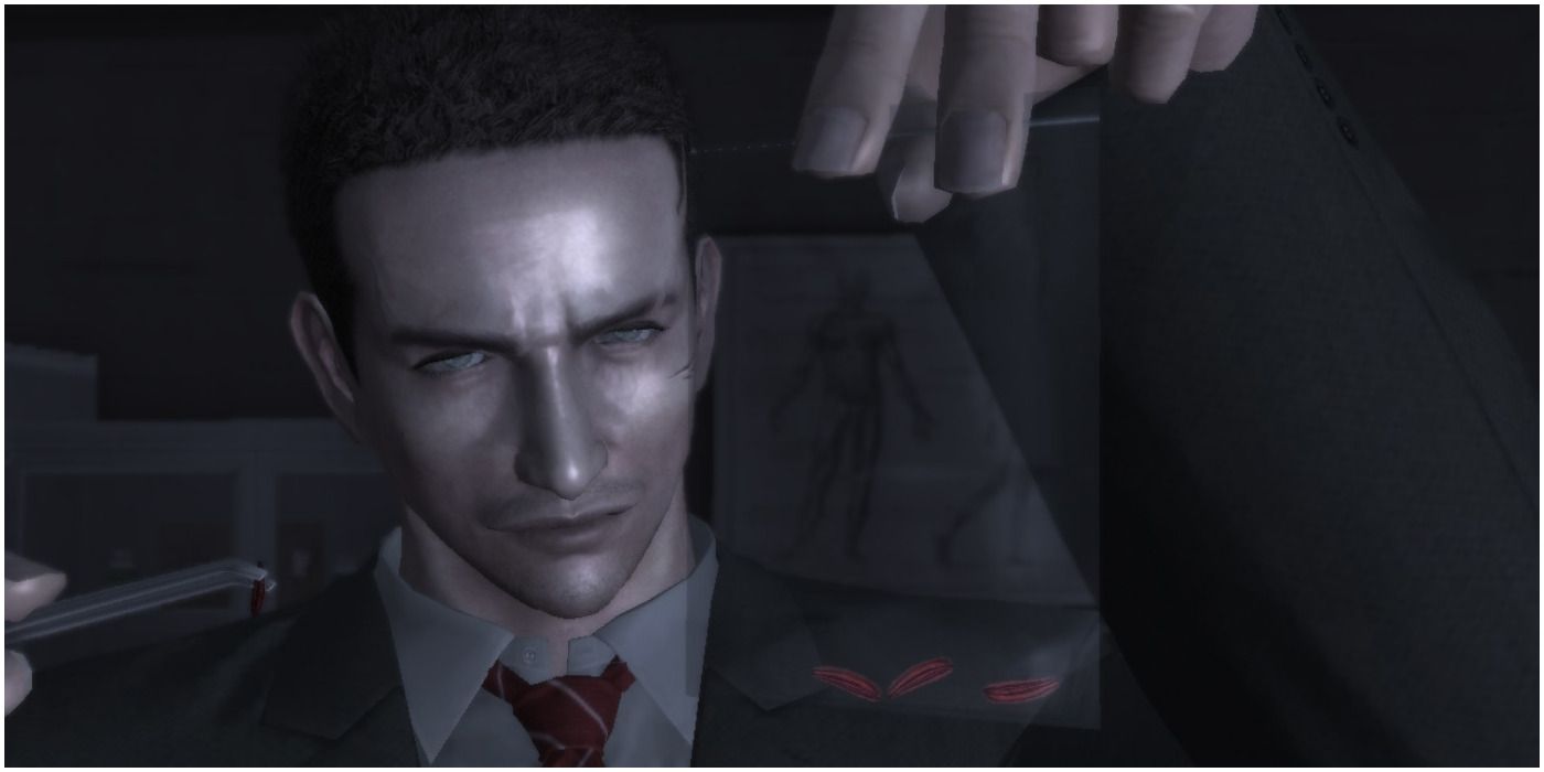 Agent Morgan looking at evidence from Deadly Premonition