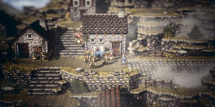 Octopath Traveler gameplay screenshot of characters speaking
