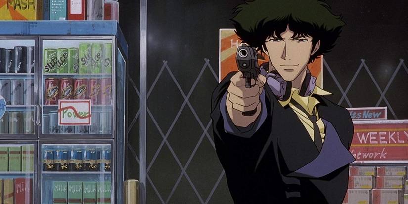 Spike aiming a gun at a goon in Cowboy Bebop.