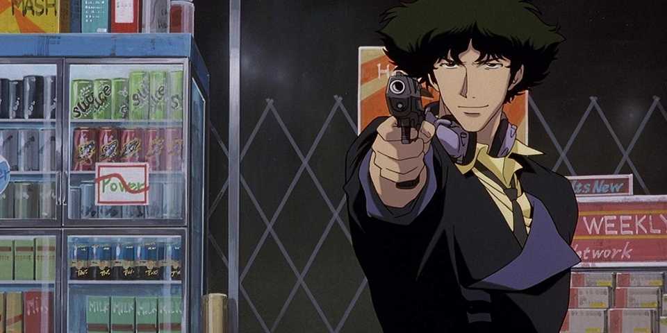 Spike aiming a gun at a goon in Cowboy Bebop.