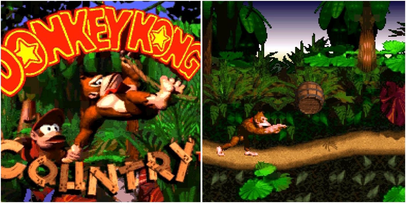 Donkey Kong Country title screen and first level gameplay screenshot